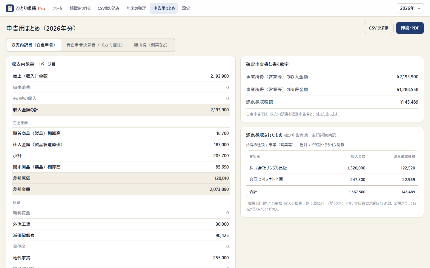 ひとり帳簿 Pro の申告用まとめ画面。収支内訳書の1ページ目の数字が並んでいる